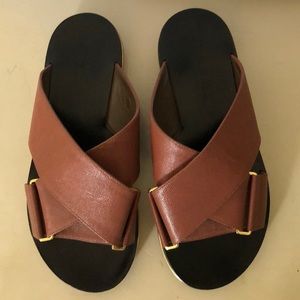 Marni Brown Leather Crisscross Slide Sandals with Gold Accents